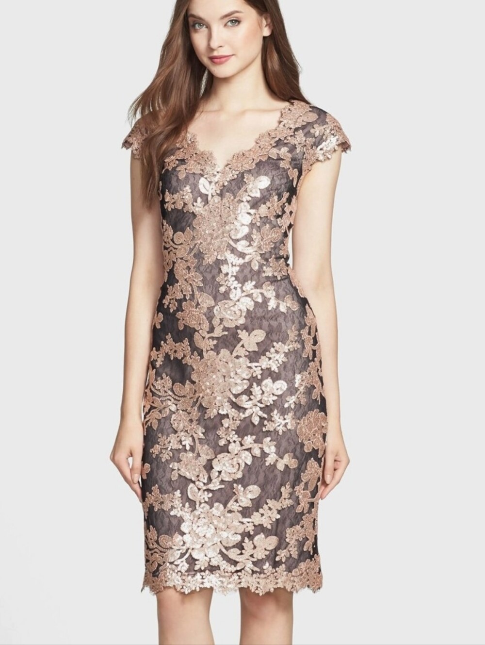 Tadashi Shoji Floral Sequin Sheath Dress Size 4 Wedding Cocktail Evening